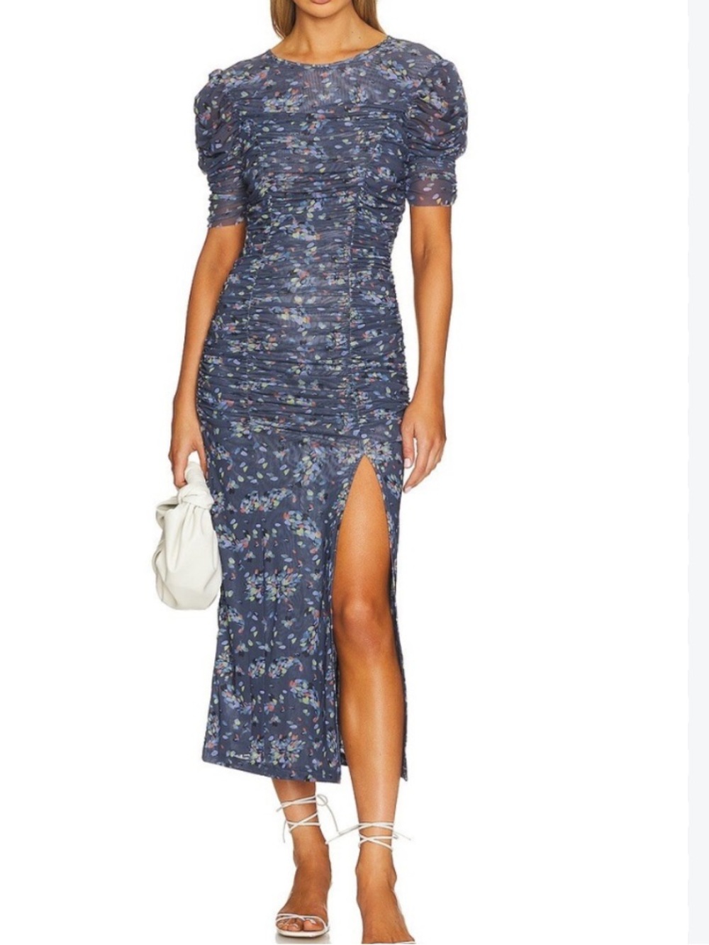 Free people NWOT Briella floral mesh ruched midi dress side slit sz xs